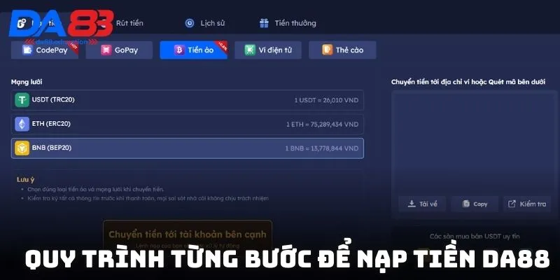 Quy trình từng bước để nạp tiền DA88 đảm bảo giao dịch thành công 100%